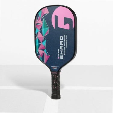 Pink and Navy Pickleball paddle with geometric design and GAMMA LOGO
